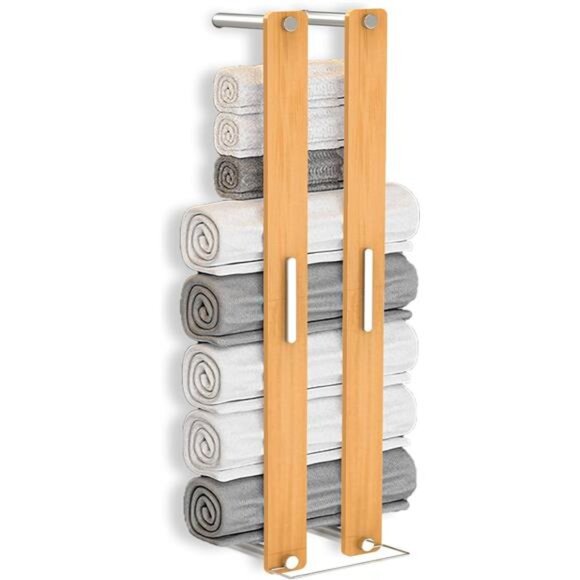 Towel Rack Bamboo 30" Wall Mounted, Rolled Towel Holder w/ Hook, 30" x 5" x 7.6" - Picture 1 of 7